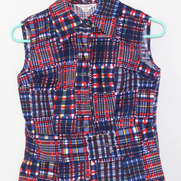 Rare 1970s red yellow blue collared sleeveless button up tank top size 12 fits 8 - Picture 6 of 6